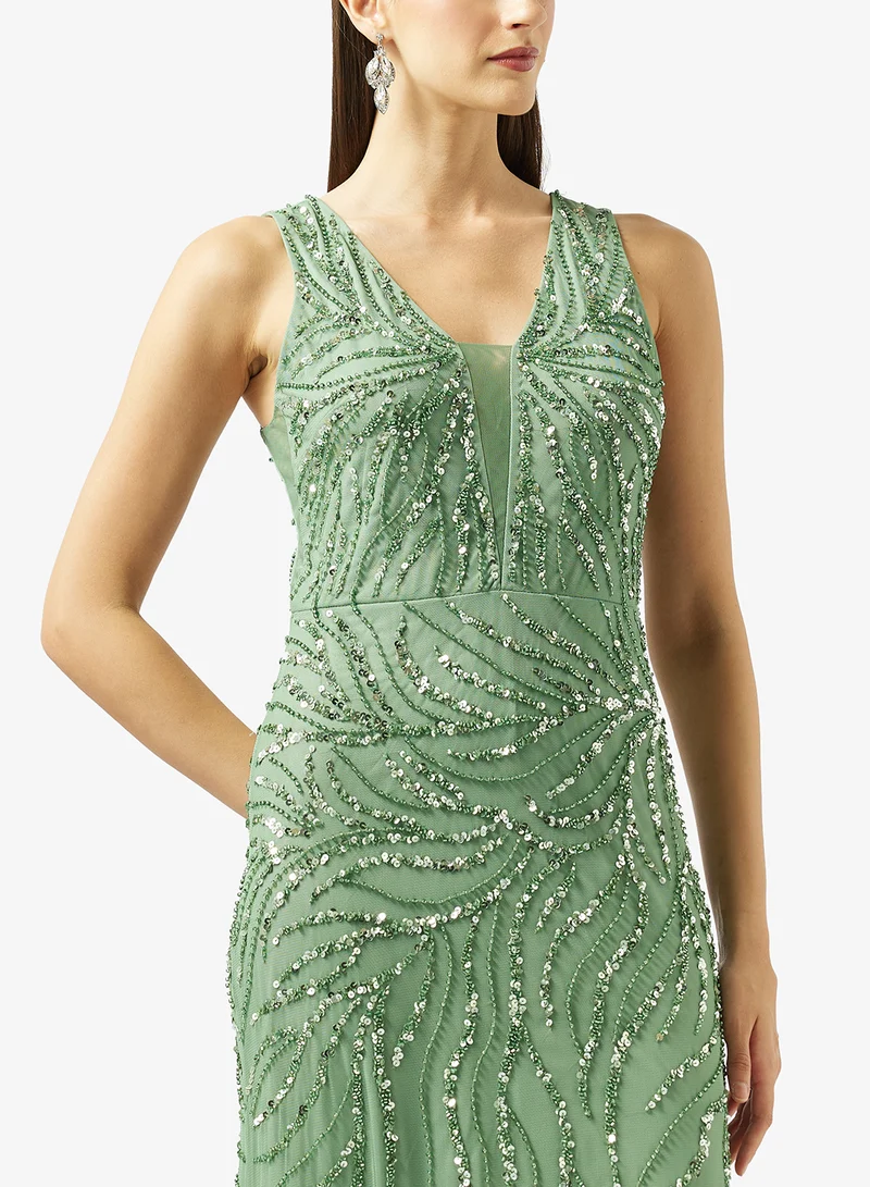 Namshi x  Plunge Neck Bead Embellished Evening Dress for Women | Best Price UAE